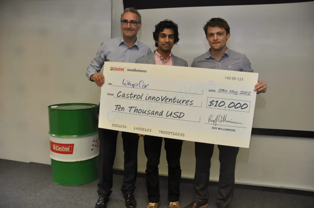WhipCar co-founders winning the innaugural Castrol 2020 Challenge