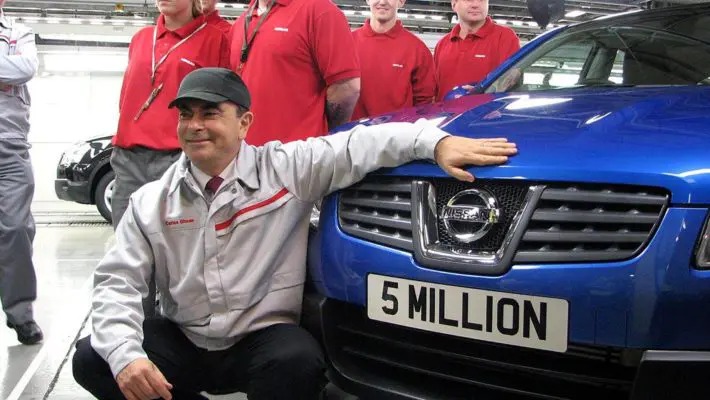 Carlos Ghosn, president and chief executive of Nissan, with the 5 millionth car - a Qashqai - to roll off the production line at its Sunderland plant.