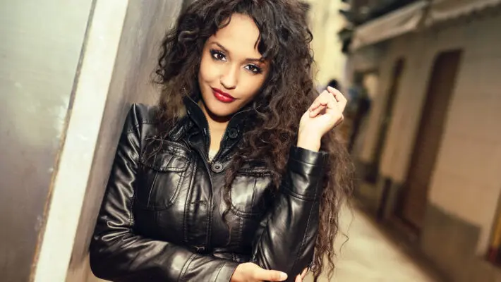 Woman in leather jacket
