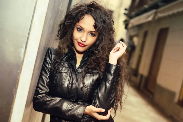 Woman in leather jacket