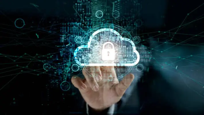 Businessman,Touching,Cloud,With,Padlock,Icon,On,Network,Connection,,Digital