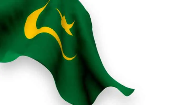 Flag,Of,Mauritiana,Waving,And,Leaving,Visible,A,White,Background.