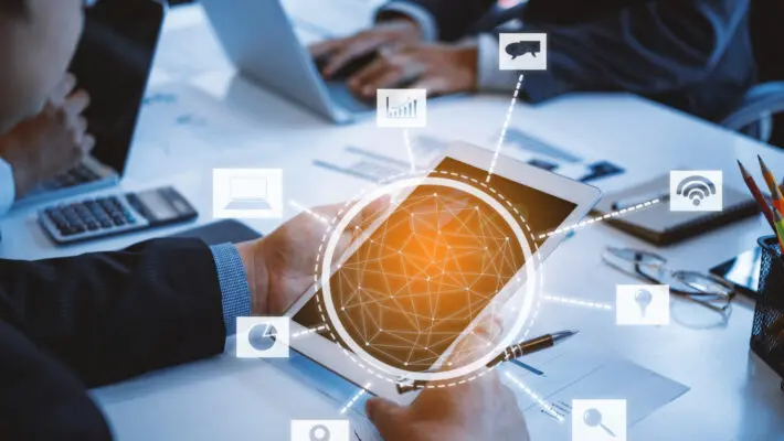 Innovations,Connection,Icons.,Business,Team,Working,Sharing,Data,In,Laptop