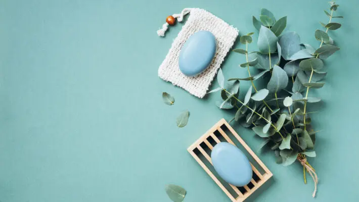 Wooden,Soap,Dish,,Soap,,Eucalyptus,Over,Green,Background.,Zero,Waste,