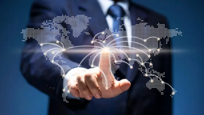 Businessman,Touch,Point,Of,City,Connection,Line,In,World,Map.