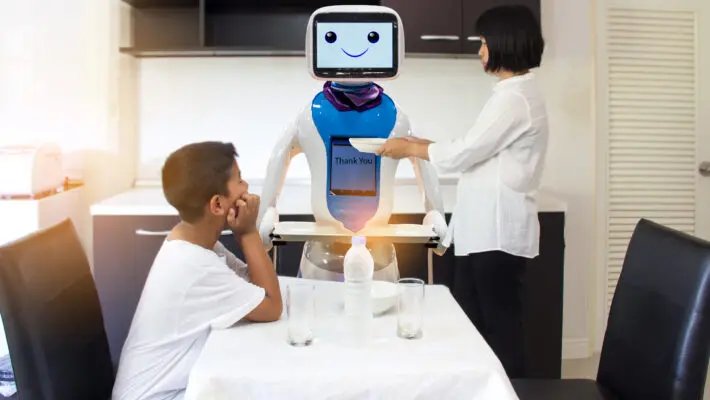 Smart,Home,Concept,,Mother,And,Son,Are,Dining,With,Intelligent
