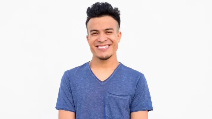 Face of happy young handsome multi ethnic man smiling against white background