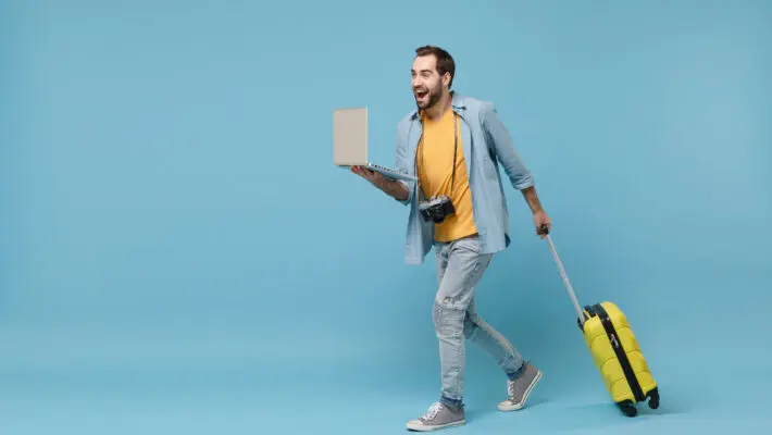 Excited,Traveler,Tourist,Man,In,Yellow,Clothes,With,Photo,Camera