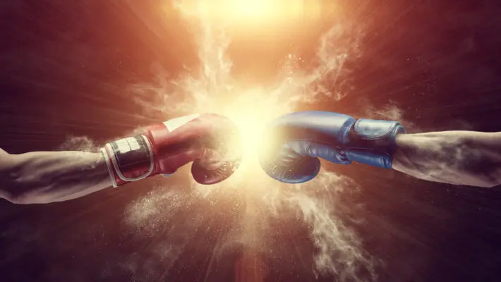 Two,Male,Hands,In,Boxing,Gloves.,Sports,Confrontation.,3d,Image