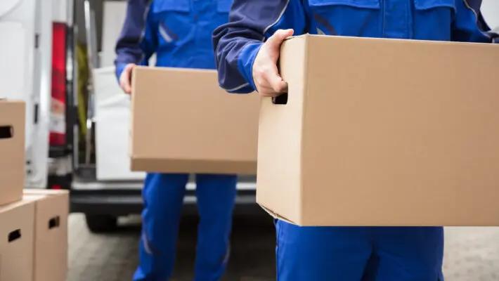Close-up,Of,Two,Mover’s,Hand,In,Uniform,Carrying,Cardboard,Box