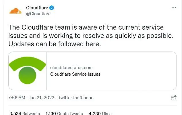 A major outage at content delivery network Cloudflare caused hundreds of websites across the internet to stop working and return a '500 Internal Server error' message this morning.