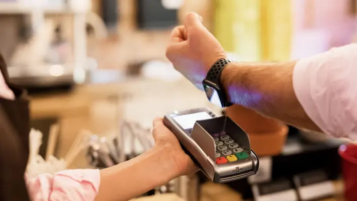 Person,Paying,At,Cafe,With,Smart,Watch,Wirelessly,On,Pos