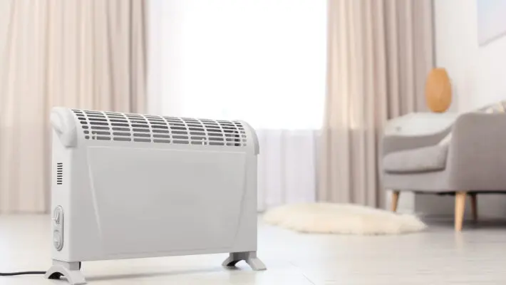 Modern,Electric,Heater,On,Floor,At,Home.,Space,For,Text