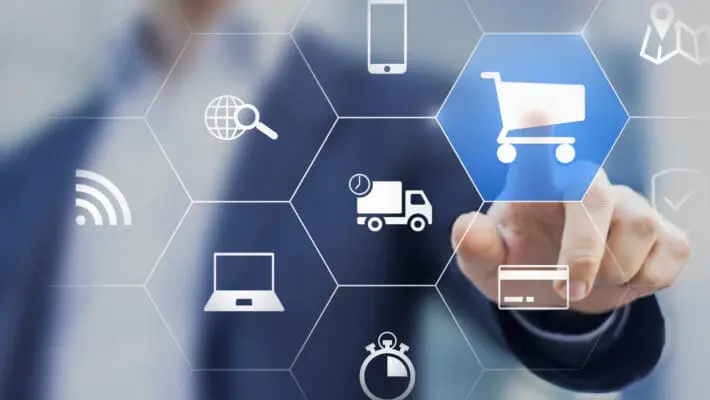 Businessman,Touching,E-commerce,Button,On,A,Virtual,Interface,With,Icons