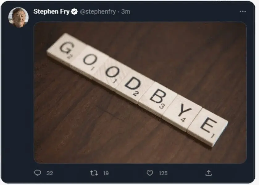 Stephen Fry has deleted his Twitter account as the celebrity exodus from the social network continues under the ownership of Elon Musk.