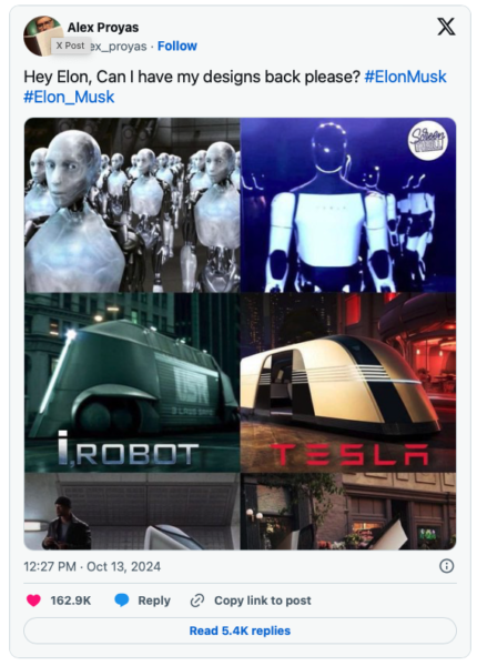 El director de Hollywood Alex Proyas acusa a Elon Musk de copiar diseños de robots y taxis de su película de 2004 I, Robot, después de que Musk presentara el robot Optimus y Cybercab de Tesla.